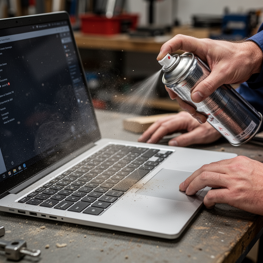 A person using a can of compressed air to clean a modern silver ultrabook keyboard, with dust particles visible in the air.