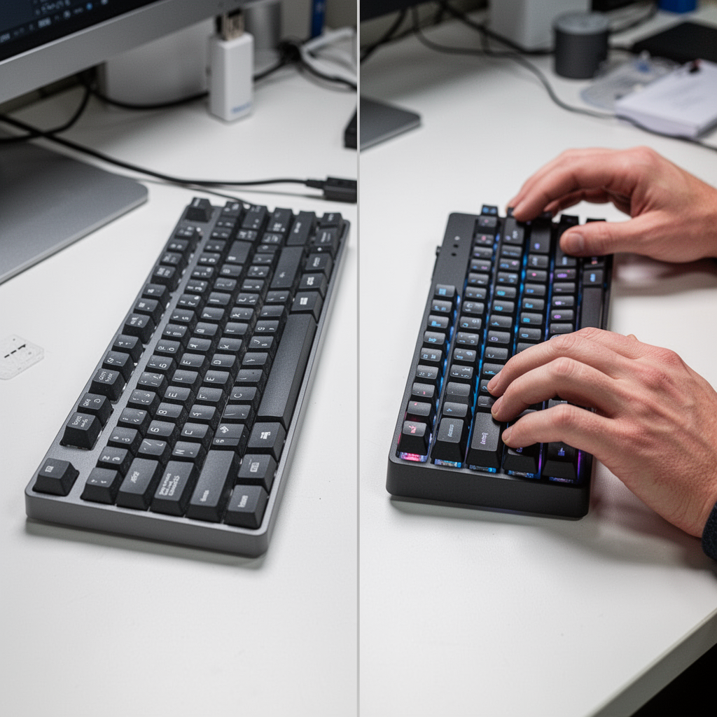 A side-by-side comparison shot showing a standard office USB keyboard next to a compact wireless mechanical keyboard on a clean white desk.