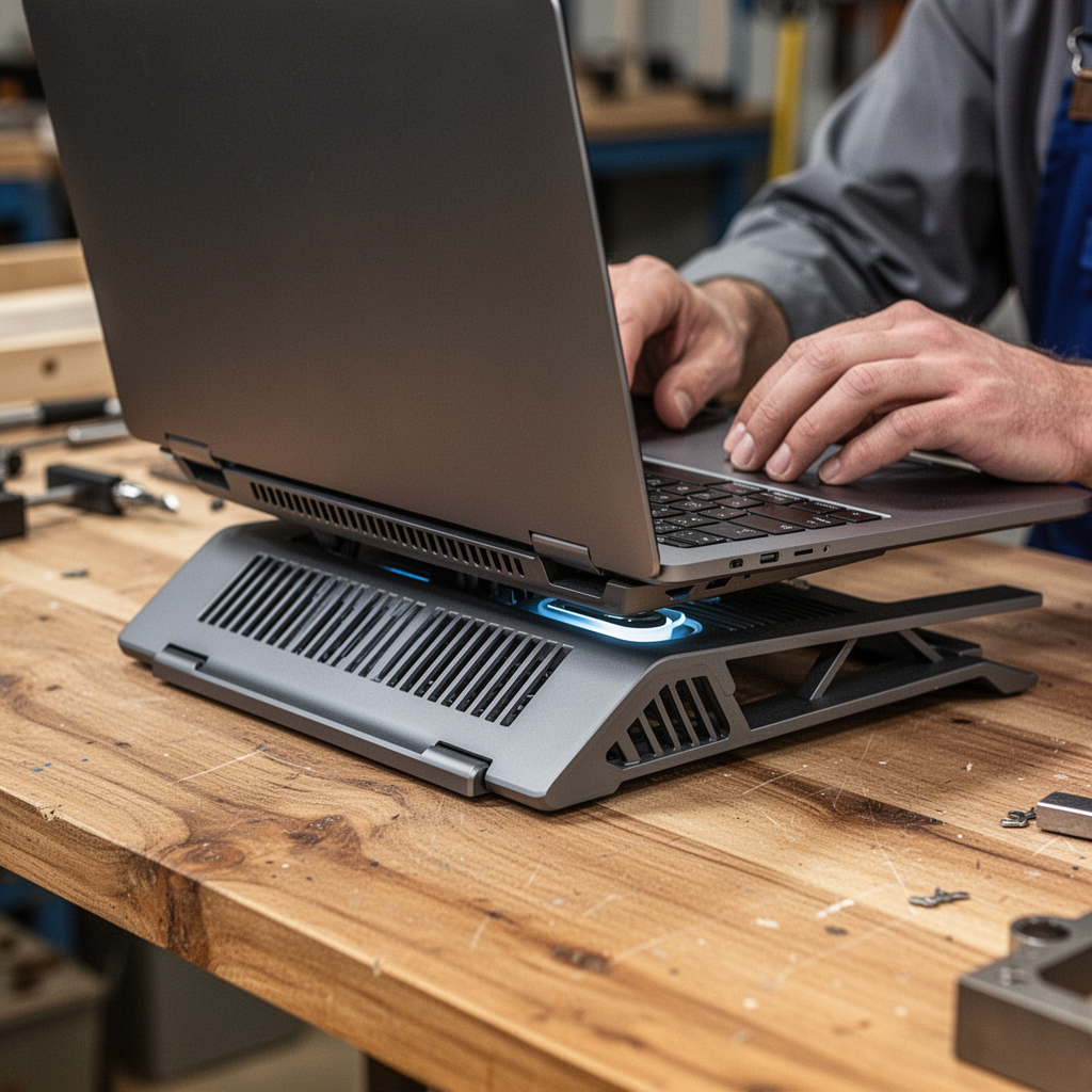 A professional, clean photograph of a modern laptop being used on a wooden desk with a ventilated laptop stand, highlighting the gap between the laptop base and the surface.