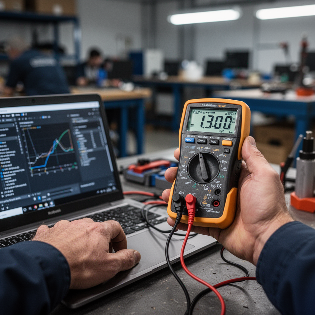 A professional, high-definition photograph showing a technician holding a digital multimeter near a laptop, with a blurred office background, professional lighting, shallow depth of field.
