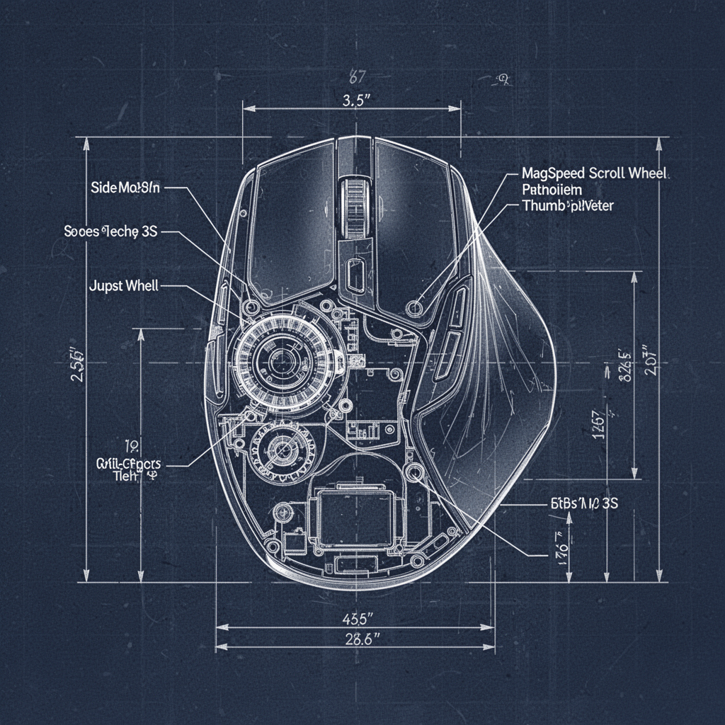 A detailed technical blueprint diagram showing the internal layout of an MX Master 3S, highlighting the MagSpeed scroll wheel mechanism, the side-mounted thumb wheel, and the ergonomic sensor placement, schematic style.