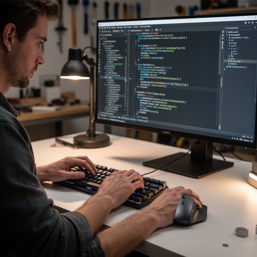 A software developer sitting at a minimal desk setup, typing on a mechanical keyboard with the MX Master 3S in hand, soft ambient desk lighting, focused expression, high-end monitor displaying IDE code.