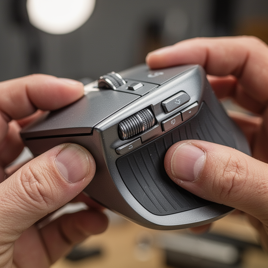 Macro close-up shot of the thumb scroll wheel and side buttons on a Logitech MX Master 3S, capturing the metallic finish and the texture of the rubberized grip, professional studio photography, soft bokeh background.