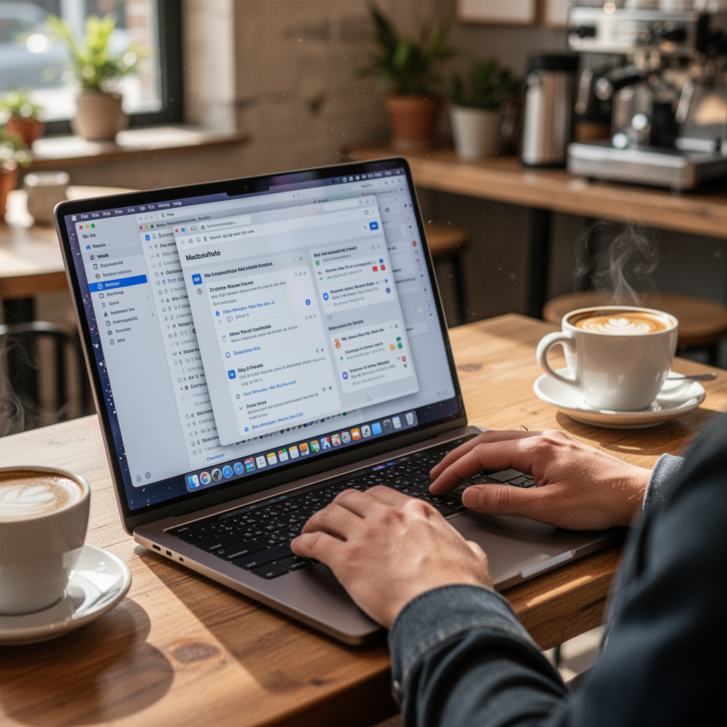 A digital nomad working in a sunlit coffee shop with a MacBook Pro 14-inch open, reflecting a productive and professional lifestyle, natural lighting, ultra-realistic.