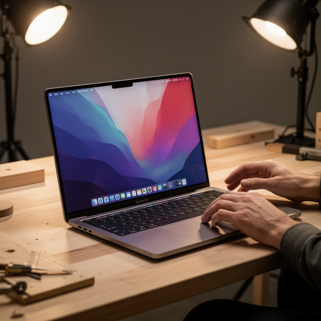 A high-end, professional studio photograph of a MacBook Pro 14-inch M2 Pro sitting on a clean, minimalist wooden desk, warm cinematic lighting, shallow depth of field, 8k resolution.