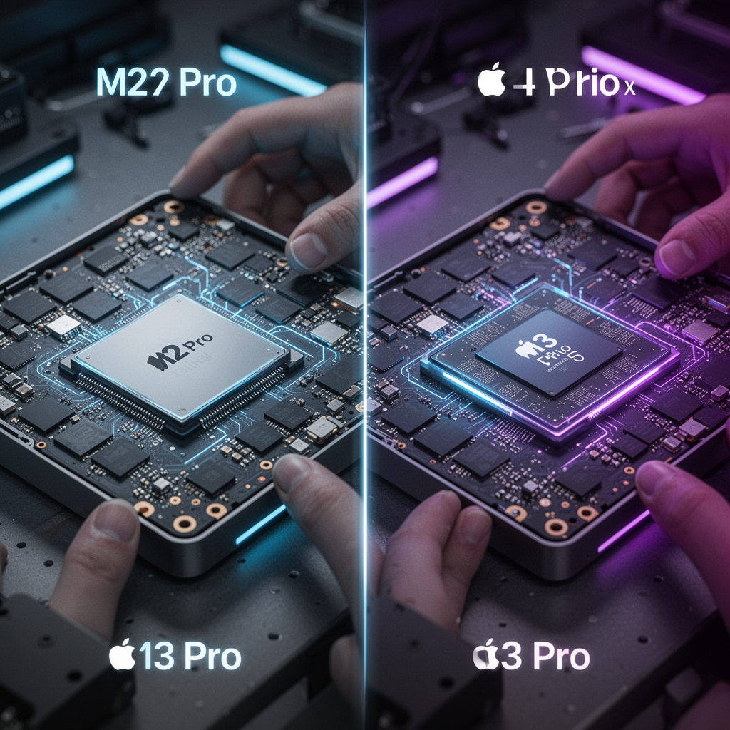 A split-screen comparison infographic showing the internal logic board of the M2 Pro chip on the left and the M3 Pro chip on the right, high-tech aesthetic, neon blue and purple accents.