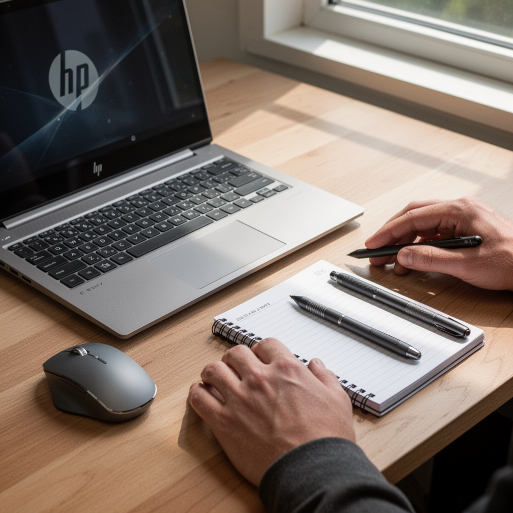 A clean, minimalist flat-lay photo of an HP Envy laptop, a high-end wireless mouse, a professional stylus, and a notebook on a clean wooden desk surface, natural sunlight coming from a window, high resolution.