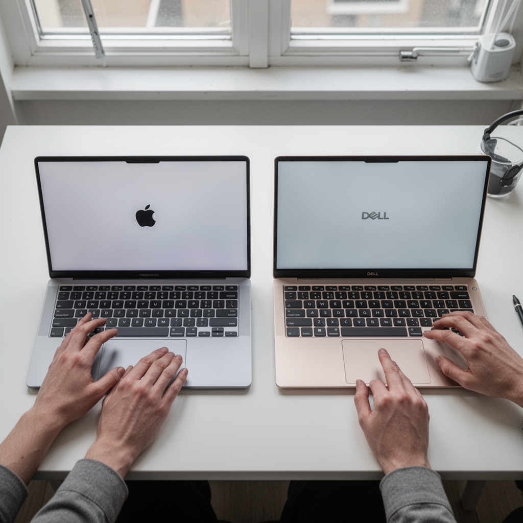 A professional, high-resolution top-down studio shot of a silver MacBook Air M2 and a platinum Dell XPS 13 placed side-by-side on a clean white desk, minimalist aesthetic, natural window lighting.