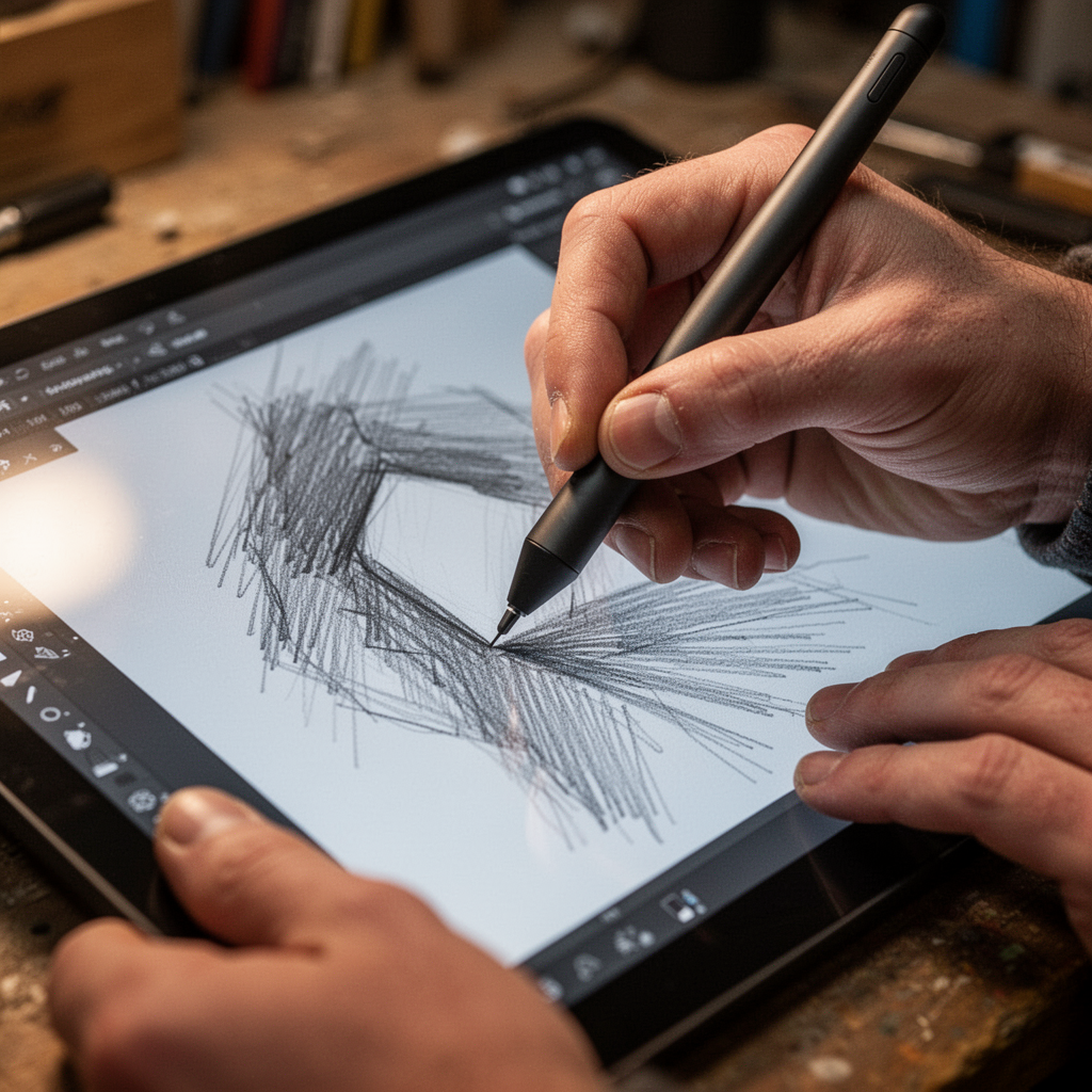 A macro shot of an artist's hand holding a stylus sketching on a high-resolution tablet screen, focus on the pen tip, showing realistic pressure sensitivity lines, cinematic lighting, shallow depth of field.