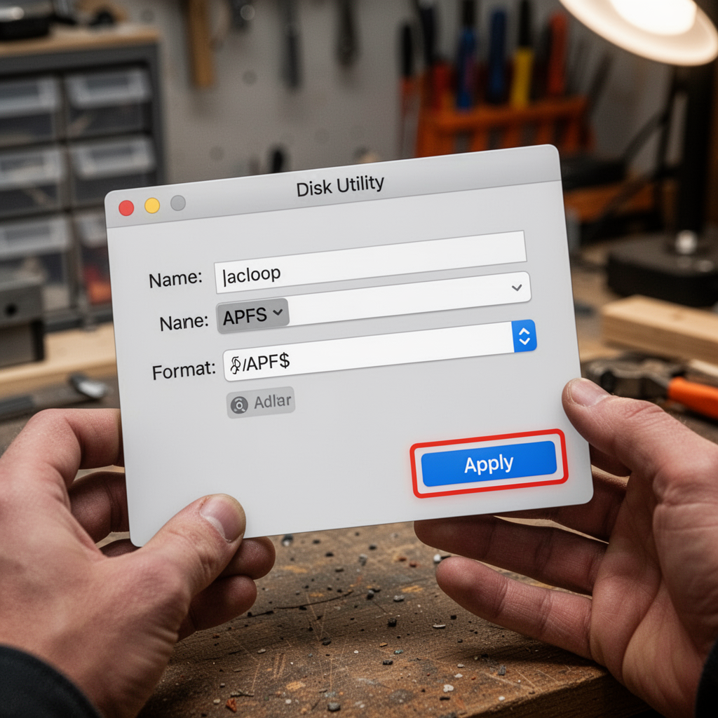 A dialog box in macOS Disk Utility showing naming fields, format dropdown menu set to APFS, and a highlighted 'Apply' button.