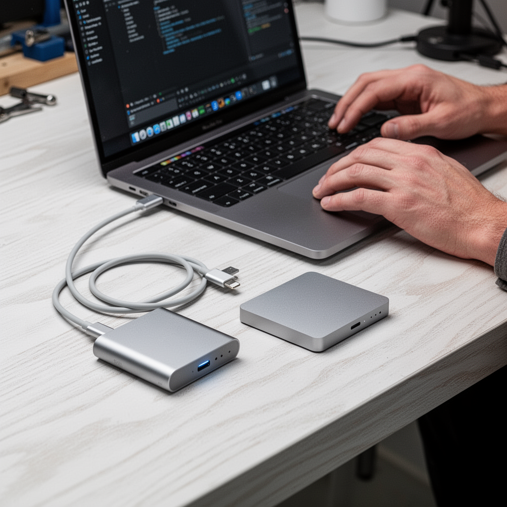 A professional clean workspace featuring a sleek MacBook Pro, a modern Thunderbolt 4 cable, and an external SSD resting on a white oak desk with soft studio lighting.