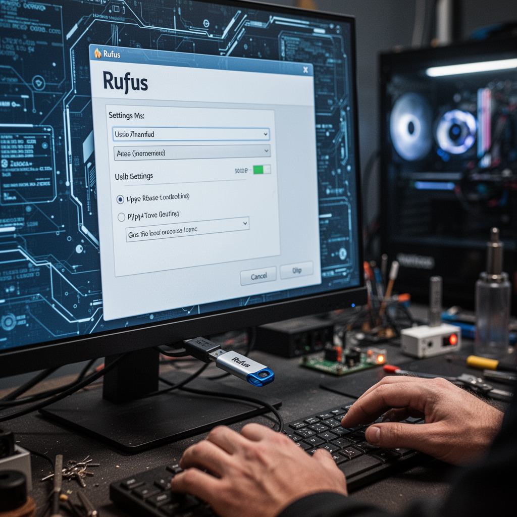 A computer screen displaying the Rufus interface with settings clearly visible, a USB drive plugged into a nearby port, high-tech workspace background, shallow depth of field.