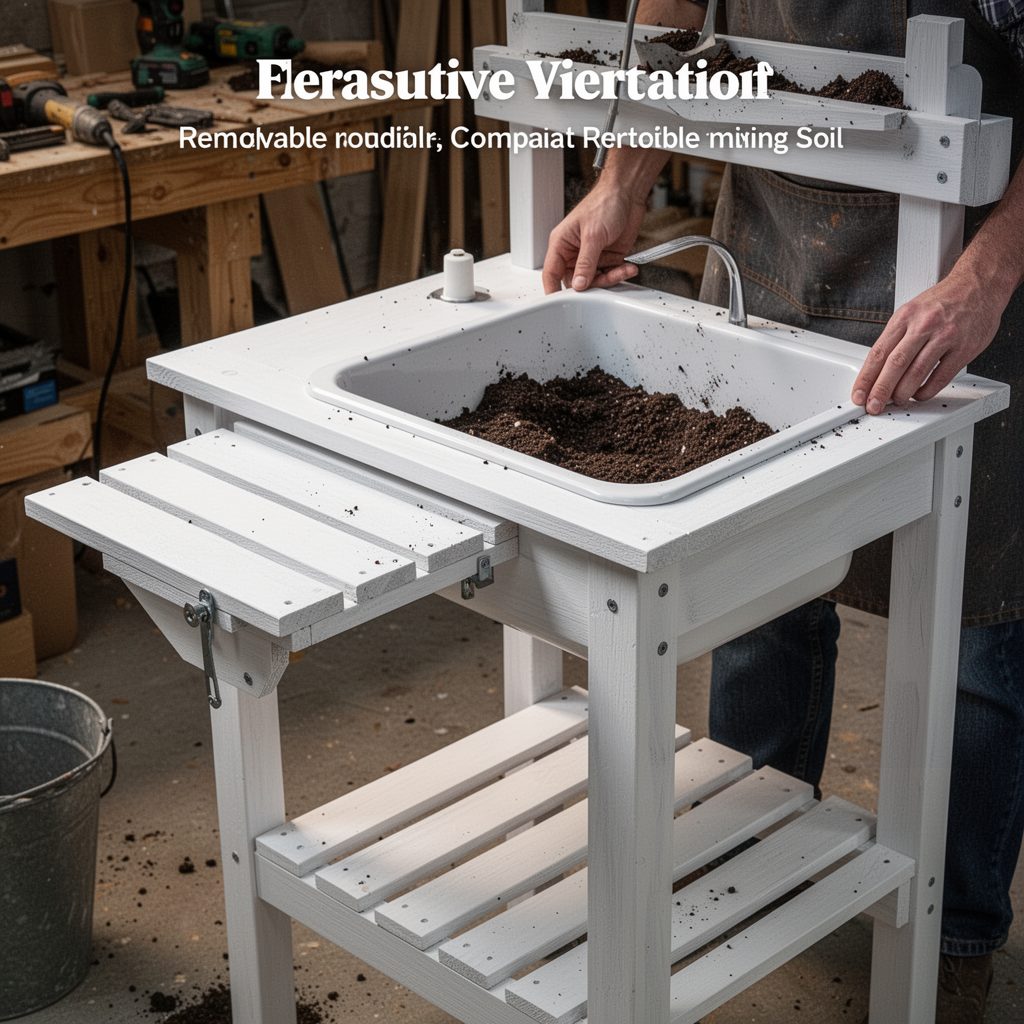A compact, versatile potting bench with a collapsible side shelf, a built-in removable plastic sink for mixing soil, and a lower slatted shelf, white paint finish.
