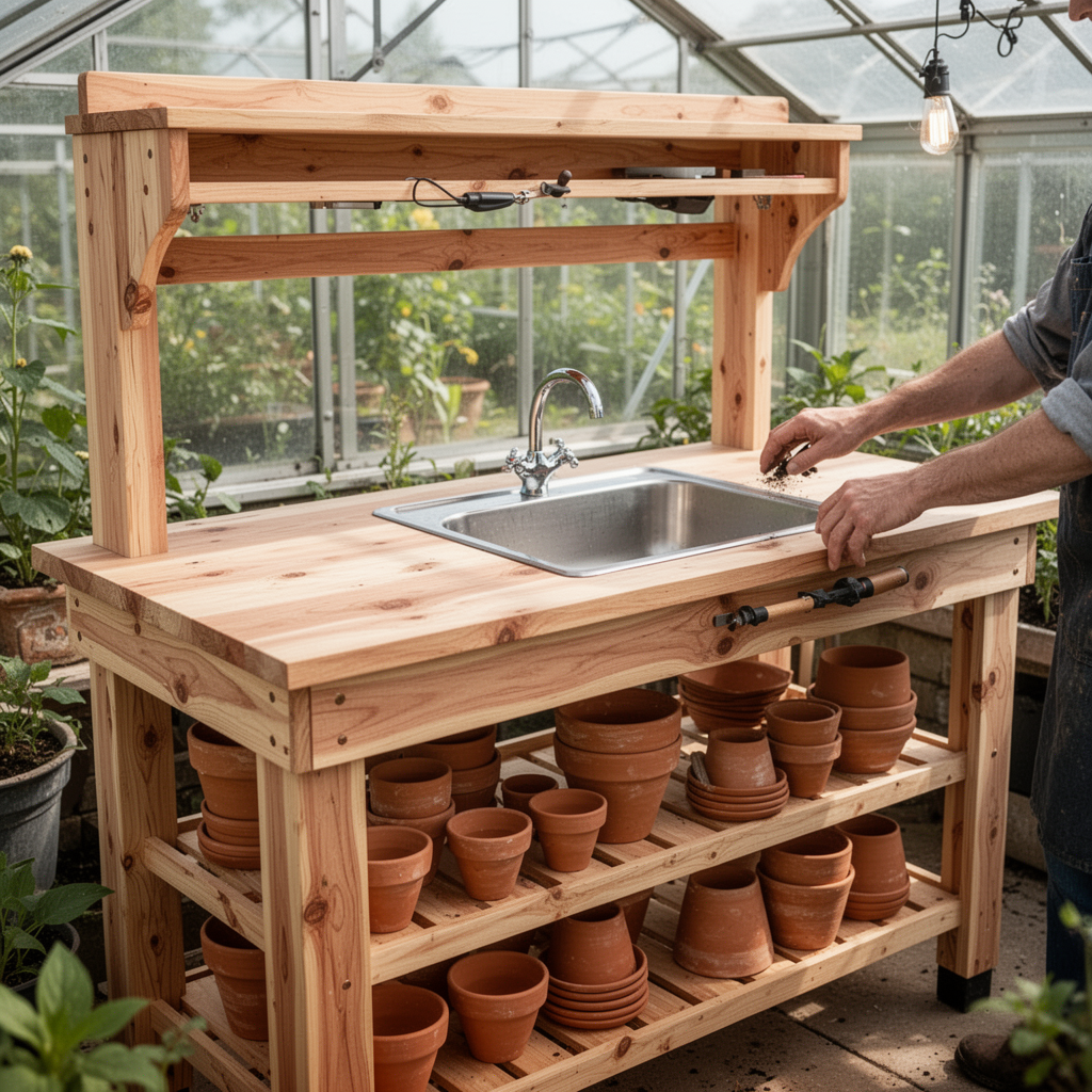 A high-quality cedar potting bench inside a bright greenhouse, featuring a top shelf, a central workspace with a metal-lined sink, and two lower shelves neatly organized with terracotta pots.
