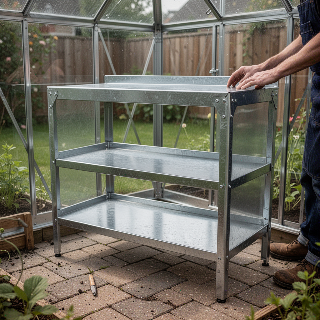 A sleek, minimalist galvanized steel potting bench with two open storage shelves, sitting on a paved floor inside a small backyard greenhouse.