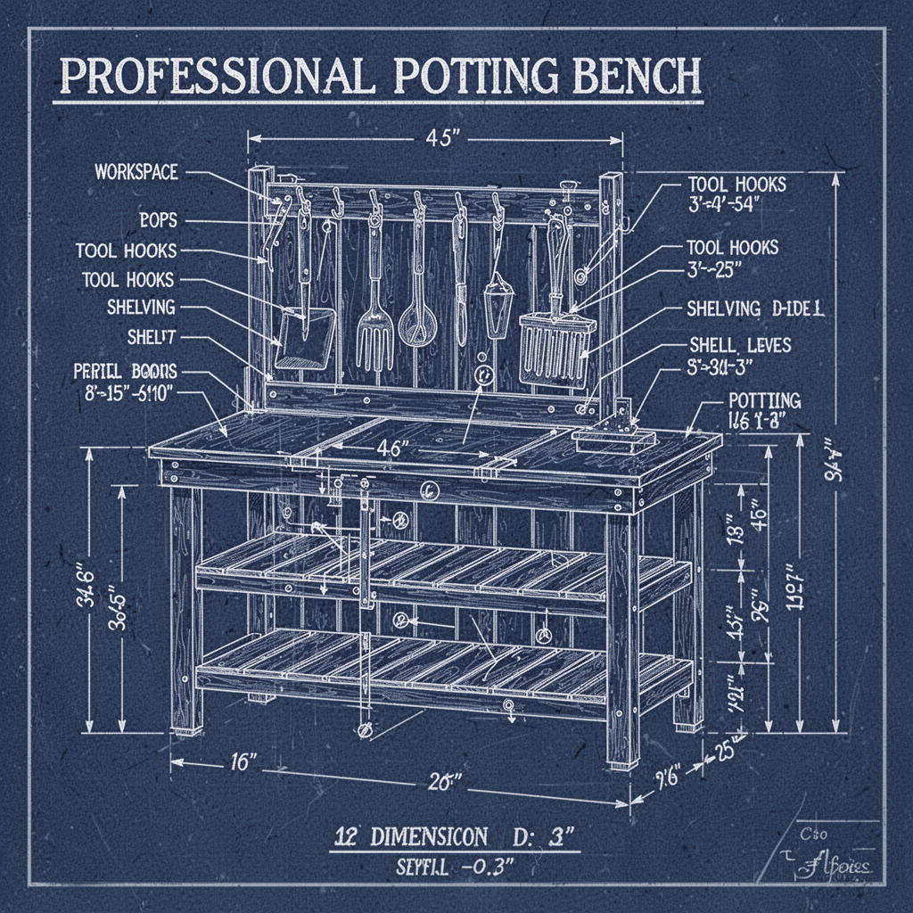 Blueprint diagram showing the technical layout of a professional-grade greenhouse potting bench, including labels for the workspace, tool hooks, shelving levels, and dimensions in inches.