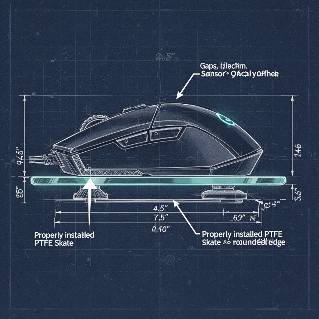 A detailed, technical blueprint diagram showing a side-profile cutaway of a gaming mouse on a glass pad. The diagram highlights the mouse chassis, the gap between the chassis and the glass, the properly installed PTFE skate with a rounded edge, and an arrow indicating the sensor's focal point above the glass surface.