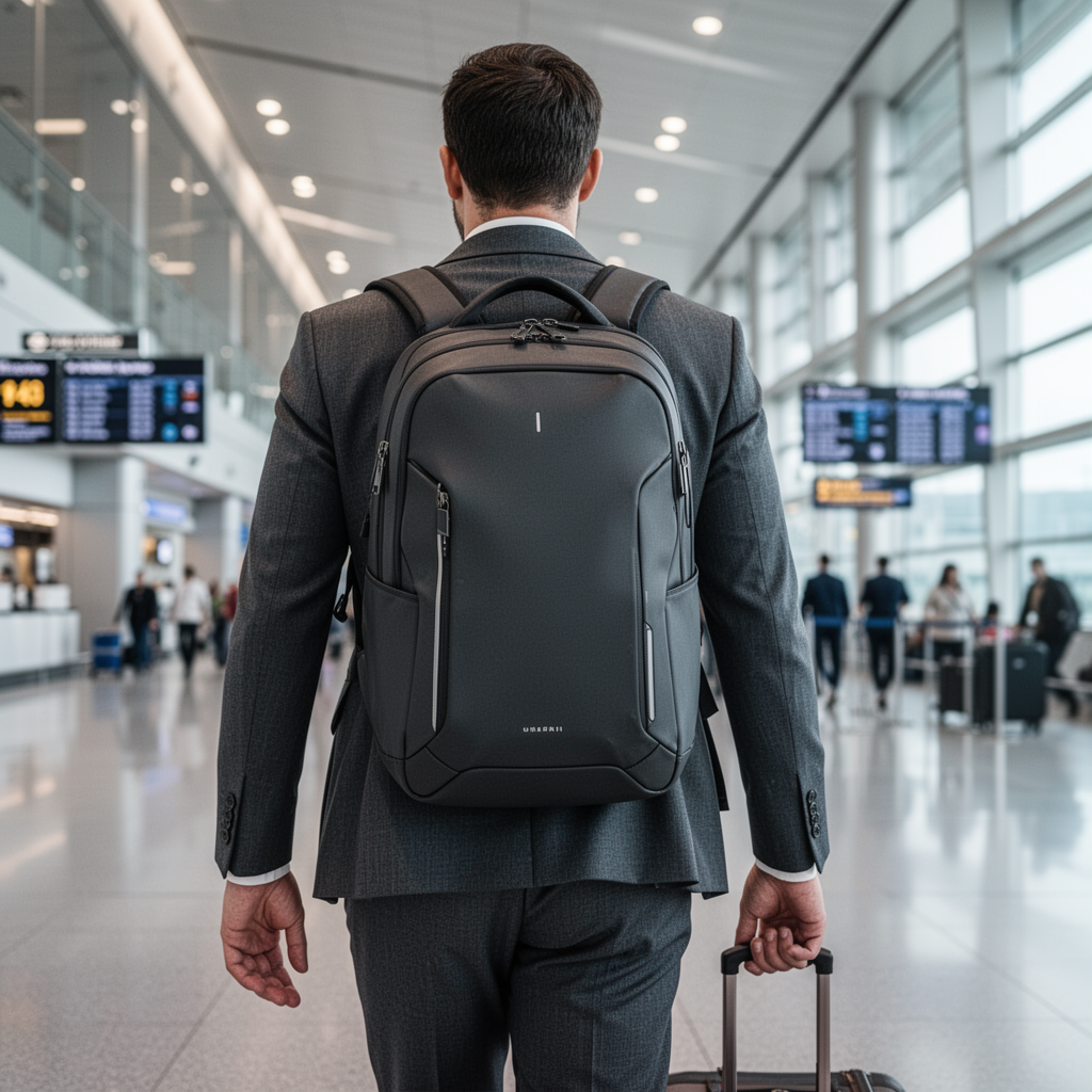 A person walking through a modern, brightly lit airport terminal, wearing a comfortable, sleek, high-quality tech backpack. The person looks prepared and professional, with a focus on the backpack's ergonomic design. Realistic, high-end photography style.