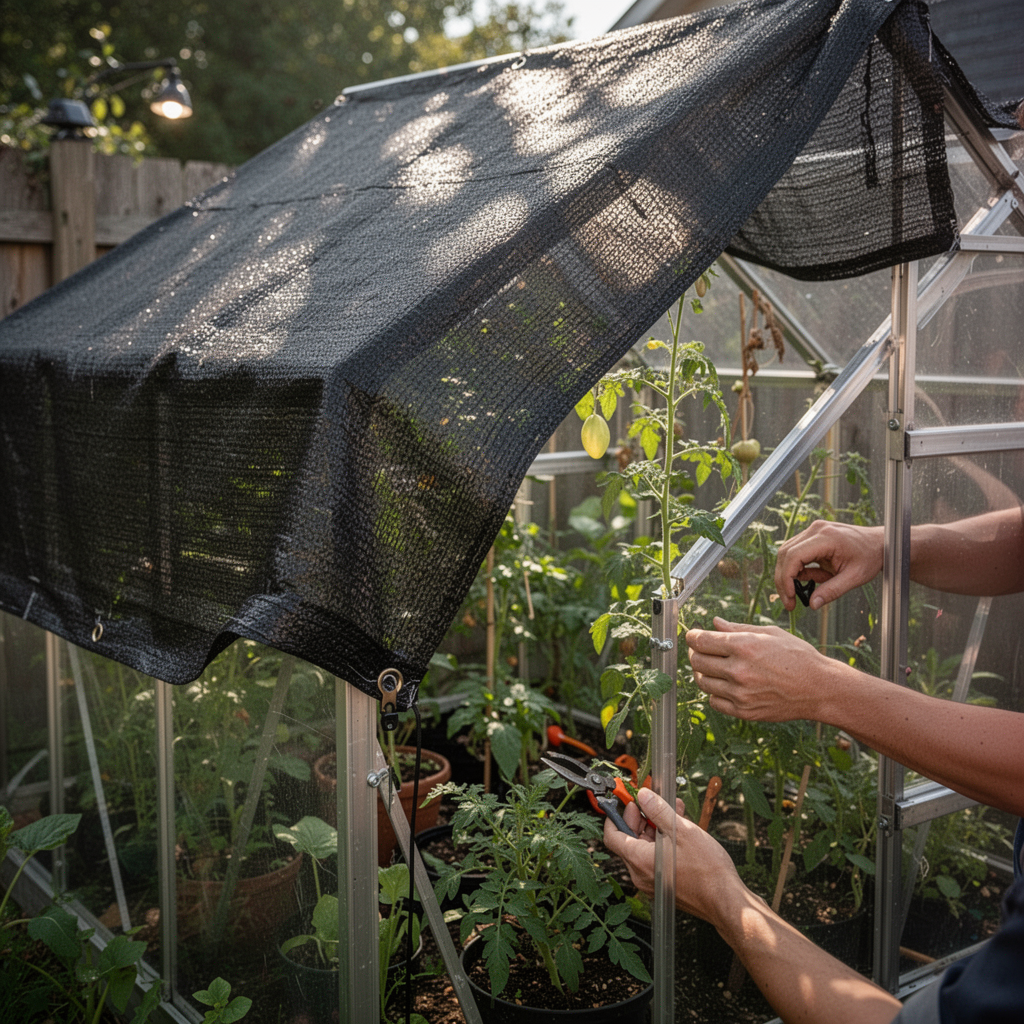 A backyard greenhouse covered partially by a woven black polyethylene shade cloth, with dappled sunlight filtering through onto the plants inside.