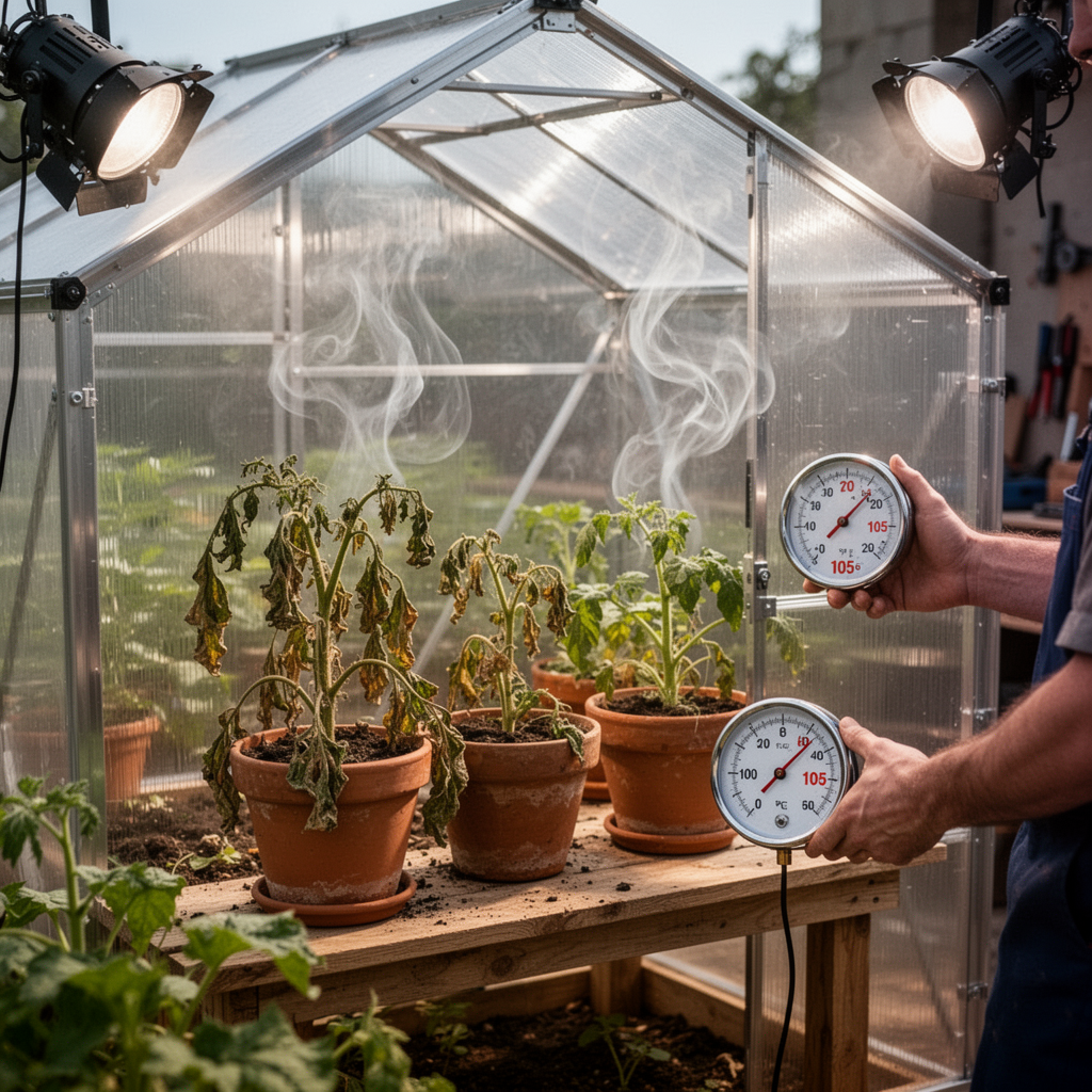 A professional, high-angle interior photograph of a small polycarbonate greenhouse during mid-day. Visible heat waves shown as subtle atmospheric distortion, with wilted potted plants on a bench and an analog thermometer reading 105 degrees Fahrenheit.