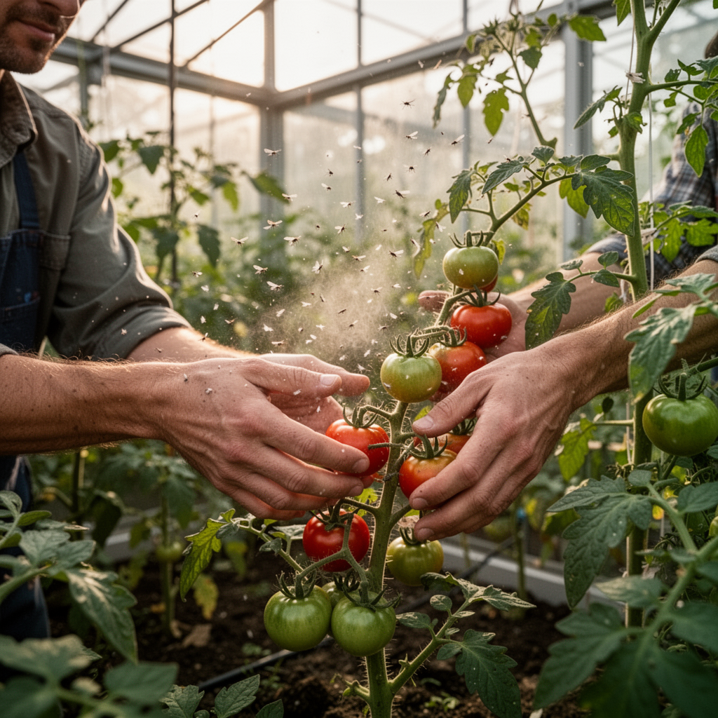 A person gently shaking a tomato plant in a lush greenhouse, with a visible cloud of tiny whiteflies flying up, soft morning light filtering through the glass.