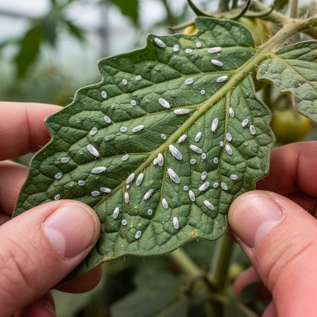 A professional macro close-up photo of a green tomato leaf underside, showing small whitefly nymphs and translucent eggs, high resolution, natural greenhouse lighting.