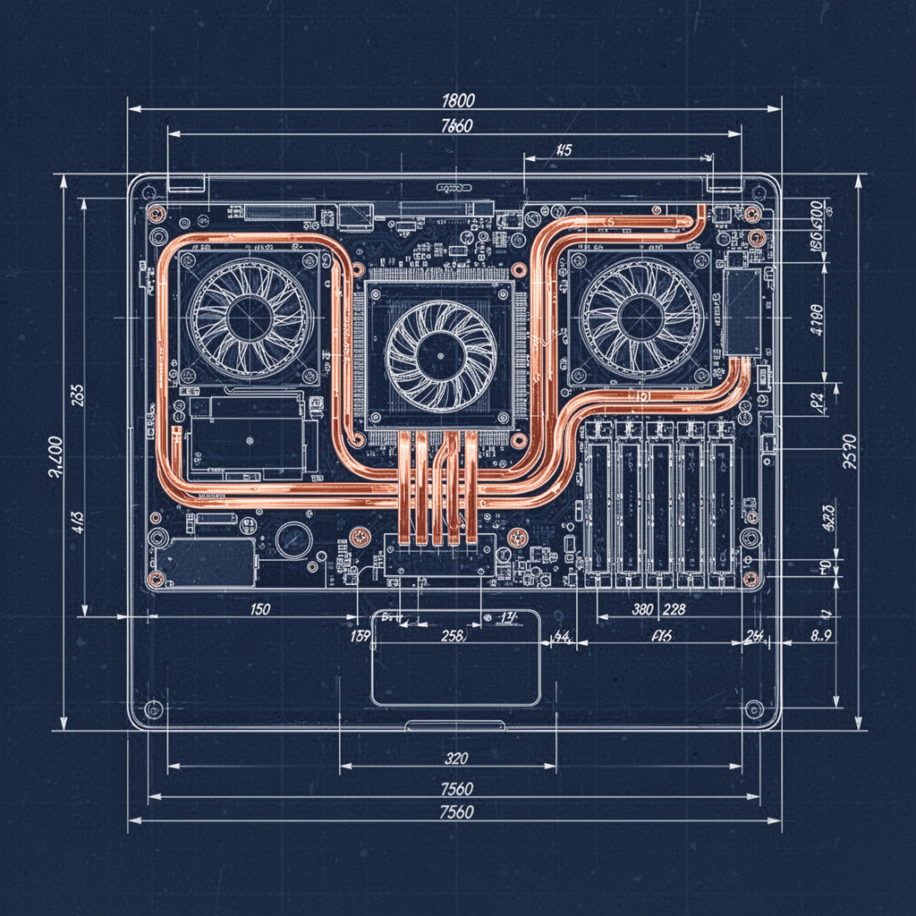 A detailed, high-resolution technical blueprint showing a laptop layout, highlighting the CPU, cooling fans, copper heat pipes, and RAM slots with schematic lines and measurements.