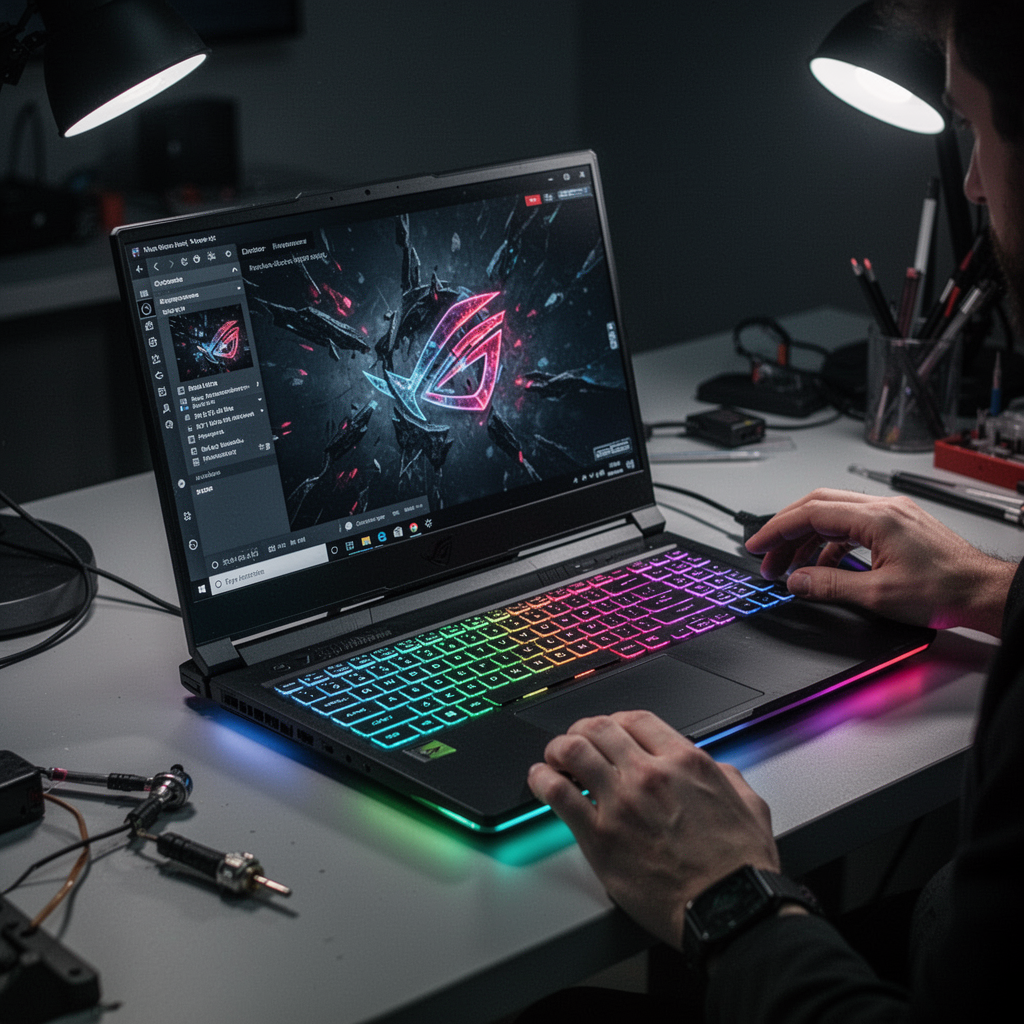 A high-end gaming laptop with RGB lighting glowing on a clean desk, dark moody aesthetic, professional photography.
