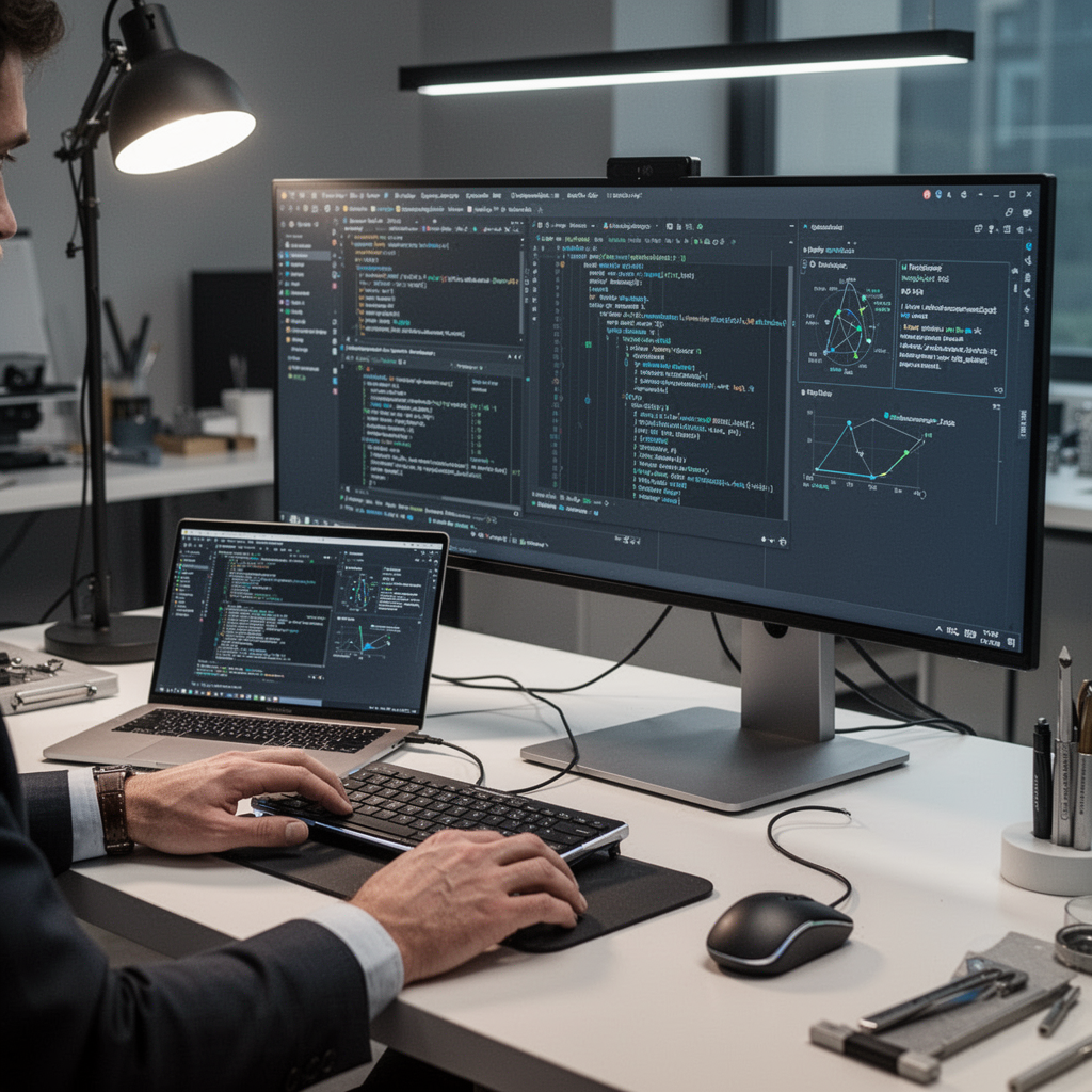A luxurious office setup featuring a high-end workstation laptop connected to an ultra-wide monitor, sleek minimalist design, professional and clean.