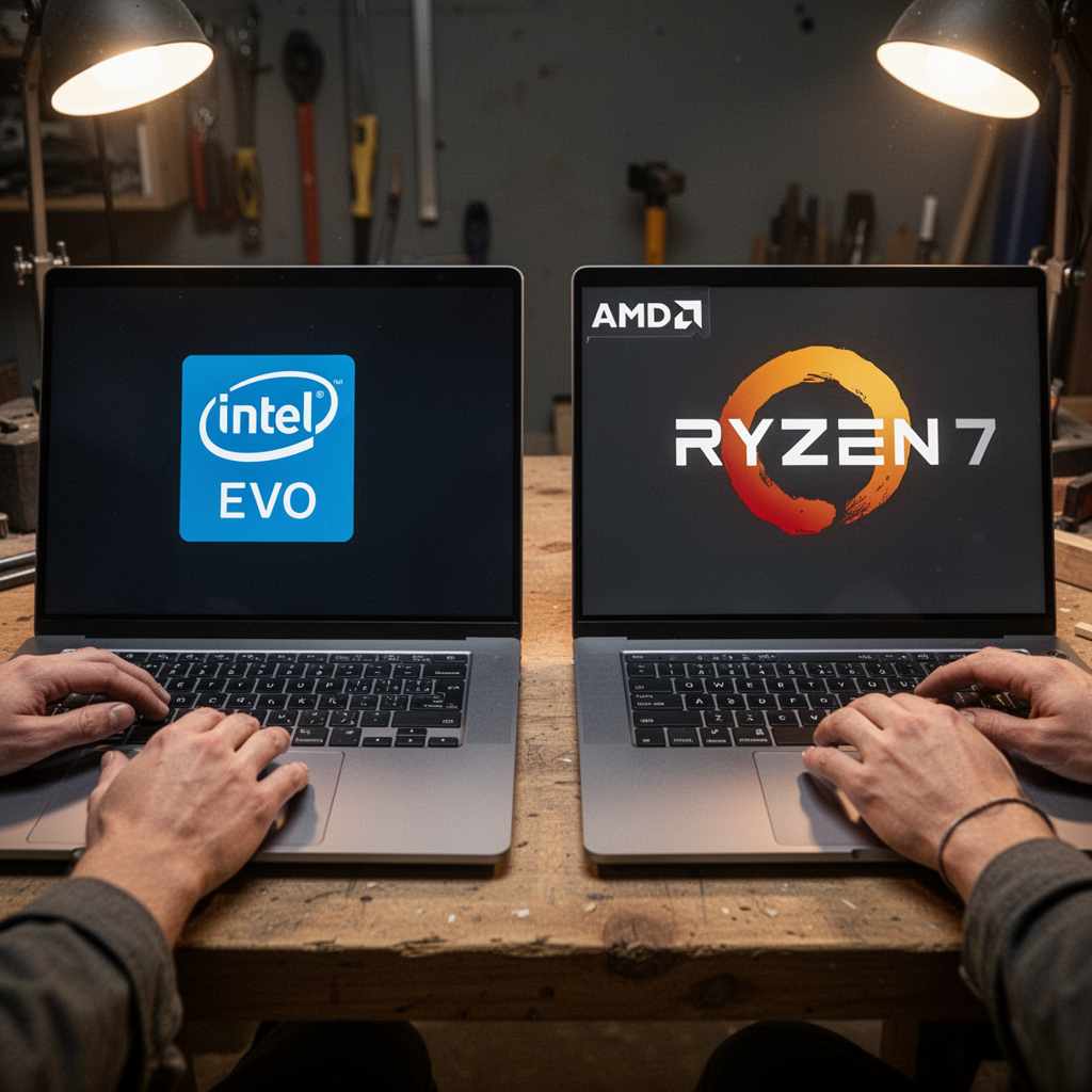 A professional, high-angle studio shot of two sleek, high-end laptops side-by-side on a wooden desk. The left laptop shows the blue Intel Evo badge, and the right shows the orange AMD Ryzen 7 badge. Lighting is soft and cinematic, highlighting the aluminum build of the chassis.