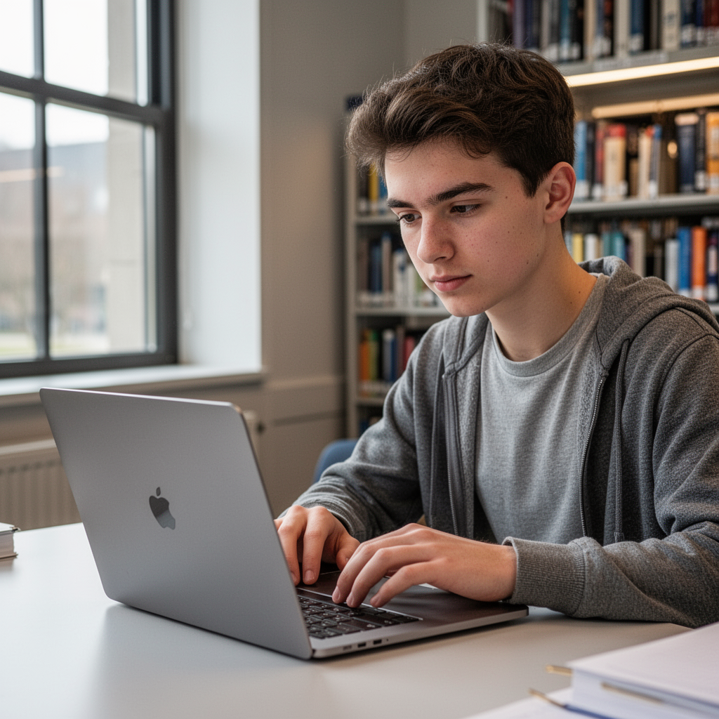 A professional portrait of a student sitting in a modern library with a slim, silver laptop, soft natural lighting through a window, shallow depth of field.