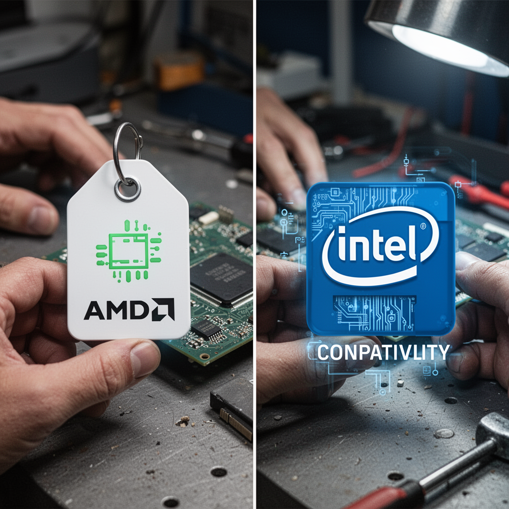 A split-screen graphic showing a price tag icon on the left (AMD) and a compatibility/connectivity icon on the right (Intel), rendered in a clean, modern flat design.