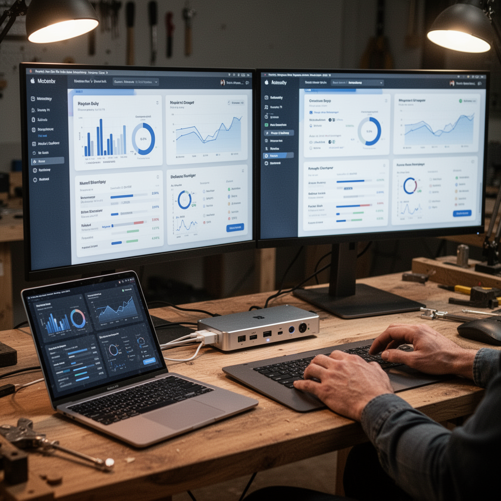 A clean, minimalist home office setup on a wooden desk featuring a silver MacBook Air M2, a high-quality aluminum docking station, and two side-by-side 27-inch 4K monitors displaying a professional dashboard. Soft cinematic lighting.