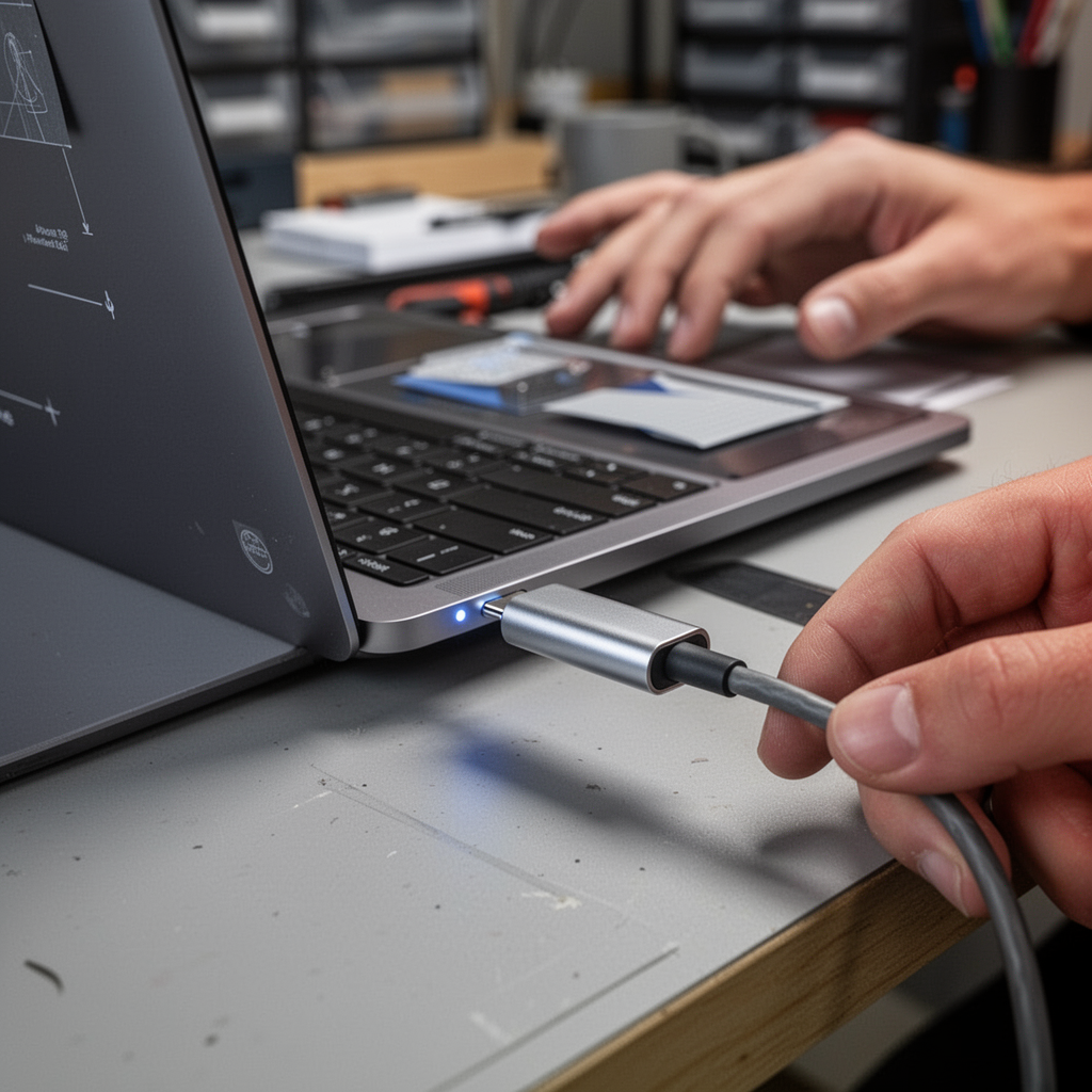A detailed shot of the side of a MacBook Air M2 with a sleek, metallic USB-C docking station cable being plugged into the Thunderbolt port. The background is a blurred, organized desk.