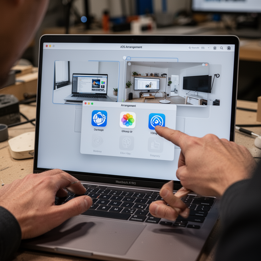 A user dragging display icons in the macOS "Arrangement" window on the MacBook Air M2, aligning the virtual monitors to match a physical layout.