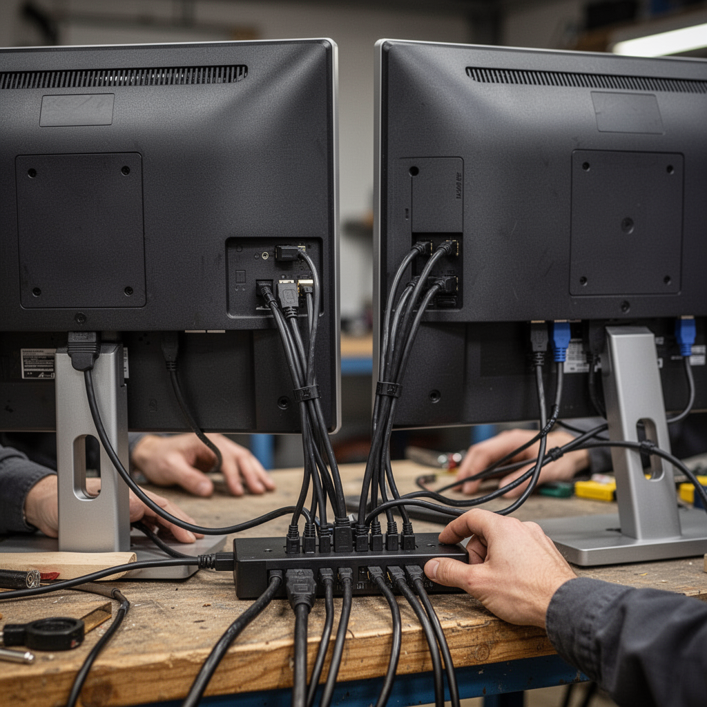 Rear view of two monitors showing HDMI cables running neatly into a centralized docking station cable management system.