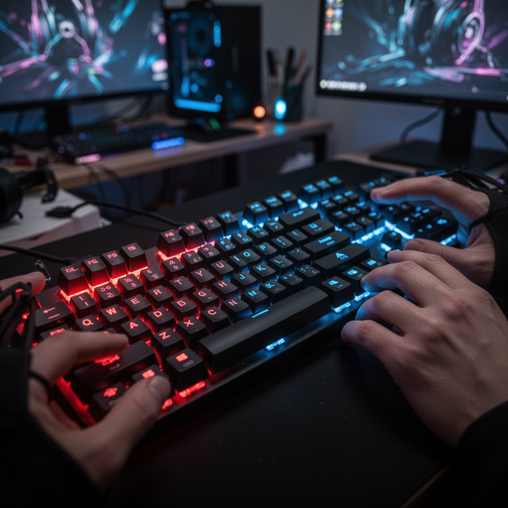 A close-up shot of a mechanical keyboard where specific keys are glowing in different colors—red for WASD and blue for modifier keys—in a dimly lit, aesthetic gamer bedroom.