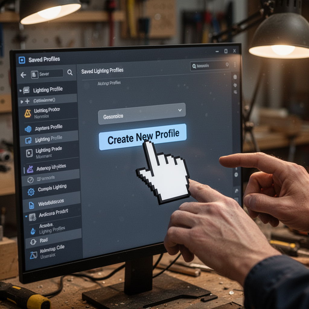 A user cursor clicking on a "Create New Profile" button within a software menu, with a list of saved lighting profiles displayed in a sidebar.
