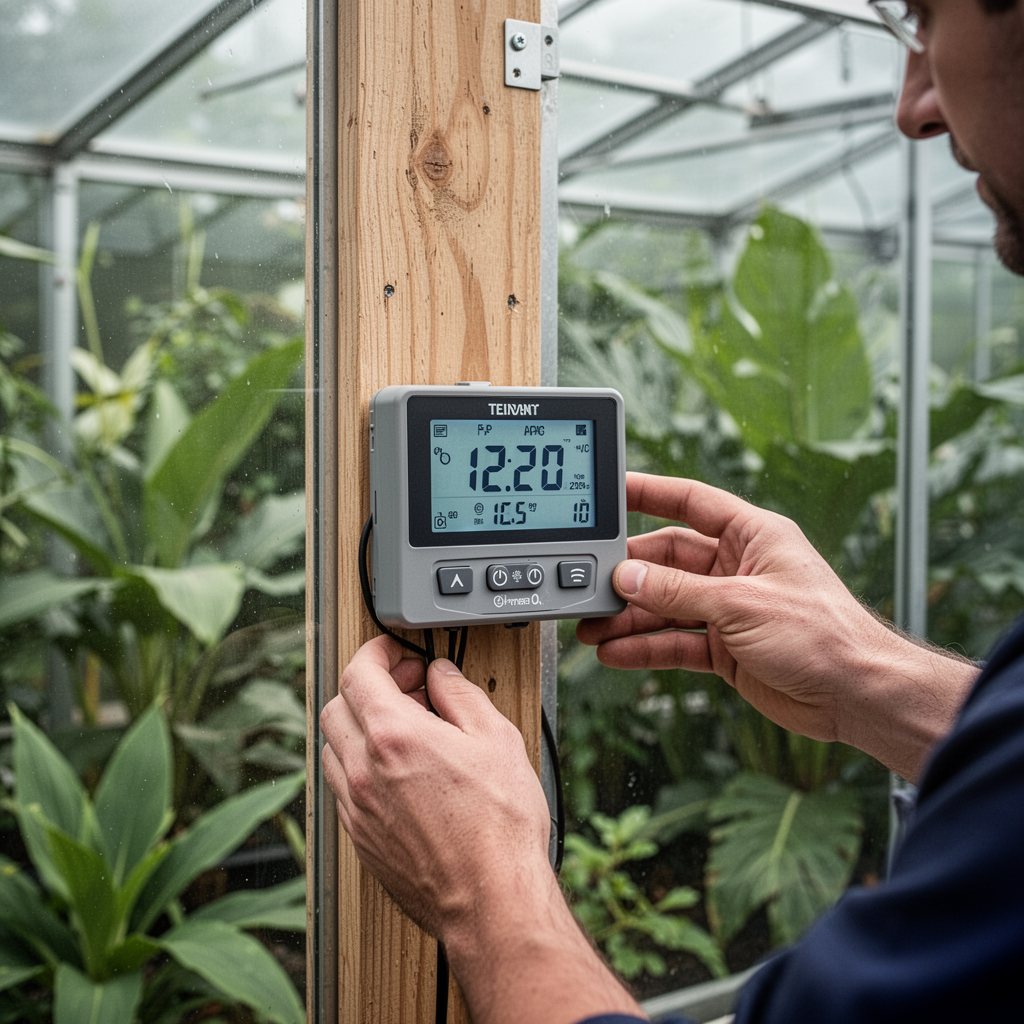 A high-resolution, professional photograph of a digital greenhouse thermostat controller mounted on a wooden frame inside a glass greenhouse, with blurred green tropical plants in the background.