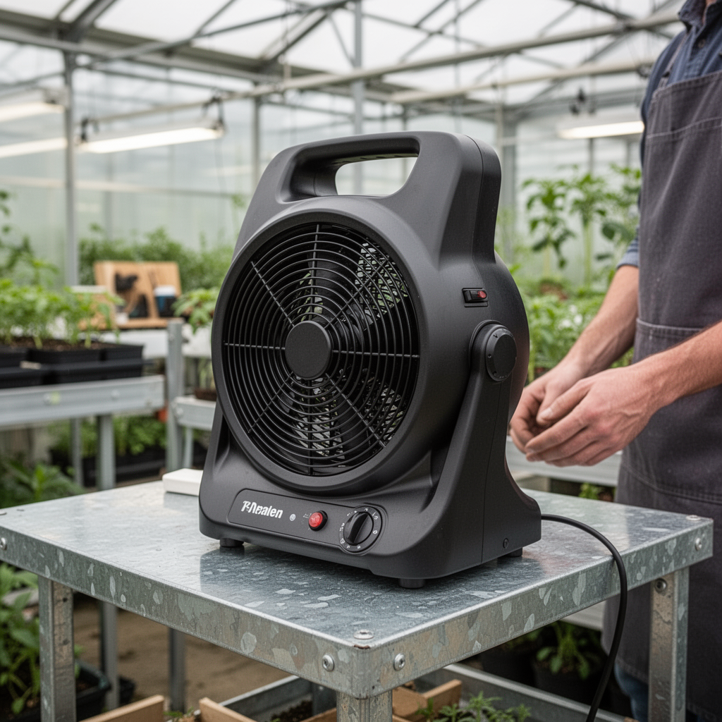 A sleek, professional electric fan heater specifically designed for horticultural use, sitting on a galvanized metal bench in a clean, organized greenhouse.