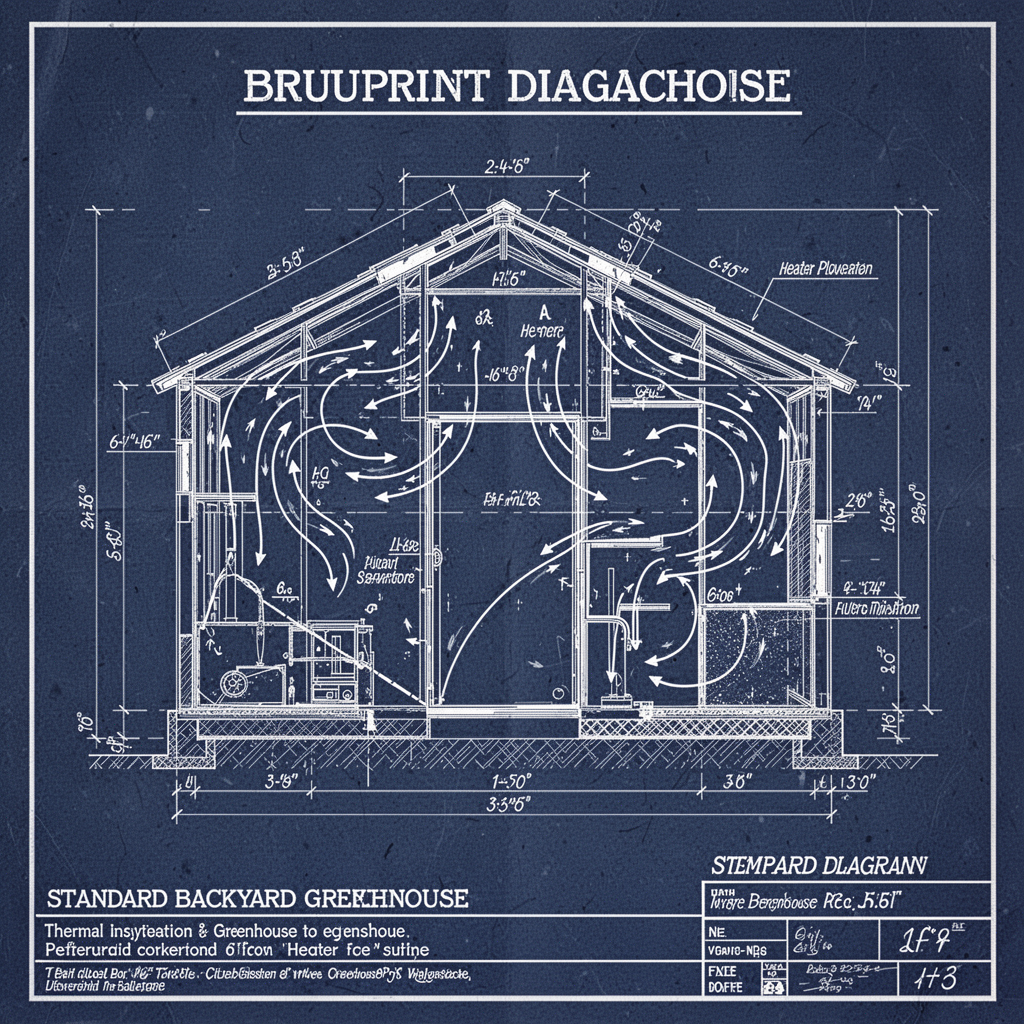 Blueprint diagram showing the technical layout of the project, including heater placement, internal airflow patterns, and thermal insulation placement for a standard backyard greenhouse.
