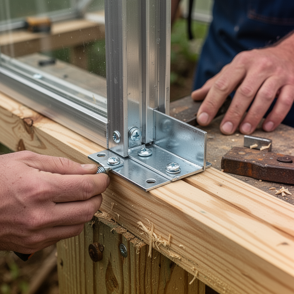 A close-up view of a metal U-channel screwed into a wooden base board of a greenhouse frame, showing the clean, professional finish.