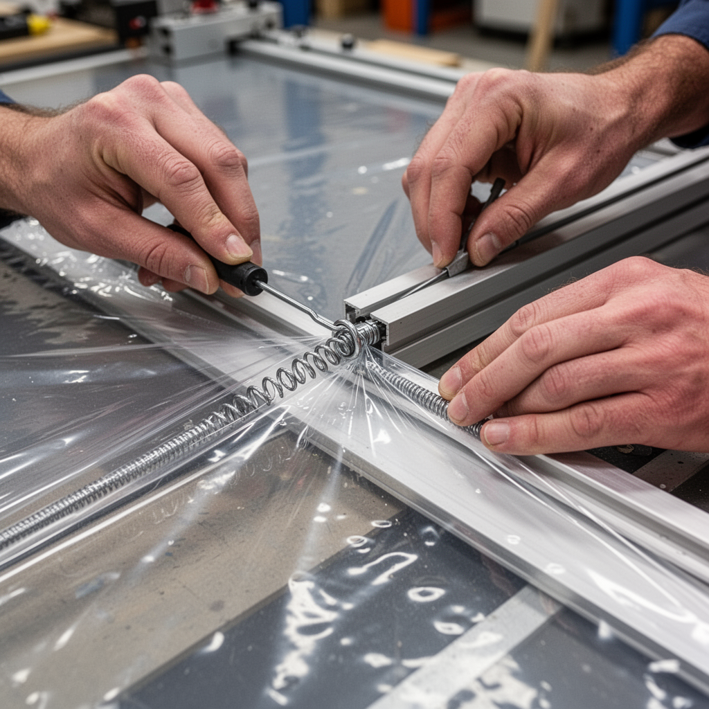 A detailed shot of a person using a "wiggle wire" to lock the plastic film into the aluminum channel, showing the slight ripple in the plastic being pulled taut.