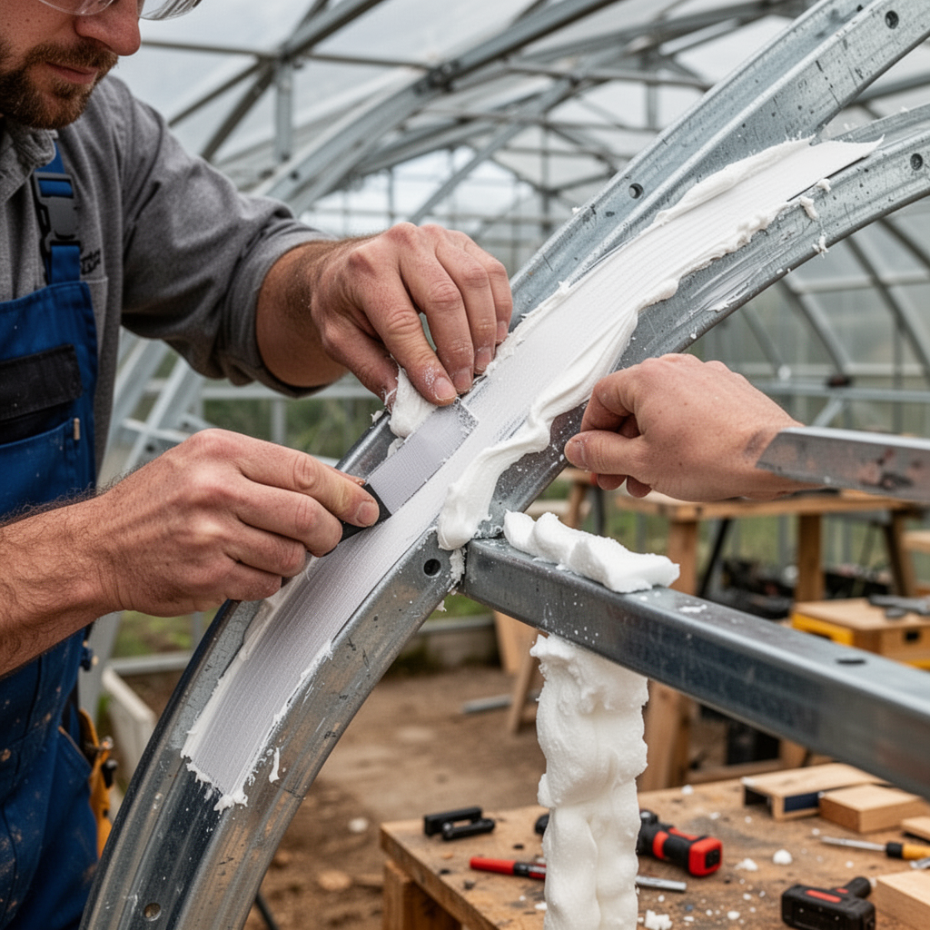A professional hands-on shot of an installer applying adhesive white foam anti-hot spot tape to the curved metal rafters of a greenhouse frame.