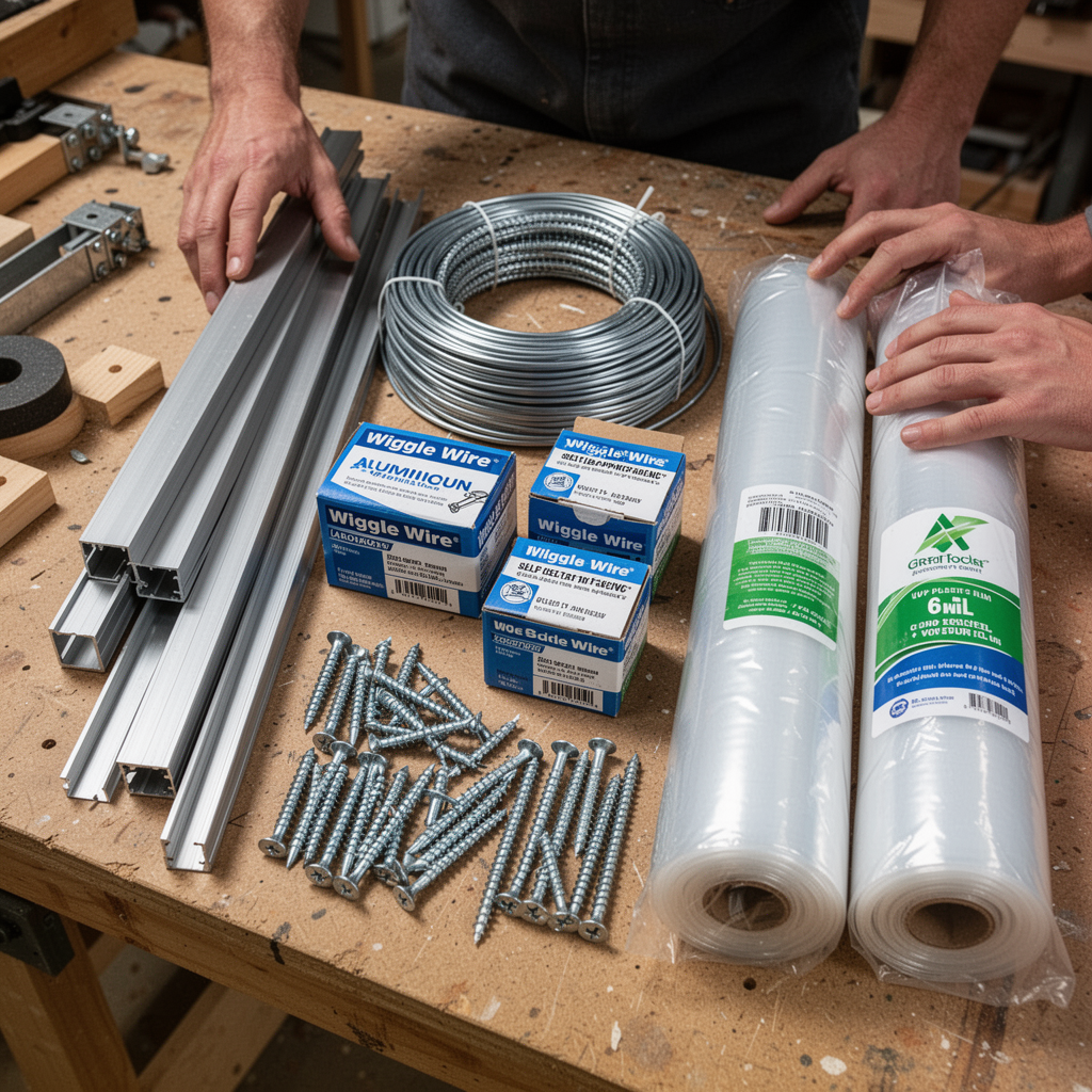 A top-down layout shot of various greenhouse hardware: aluminum channels, rolls of wiggle wire, boxes of self-tapping screws, and rolls of UV-resistant 6 mil plastic film, arranged neatly on a workbench.