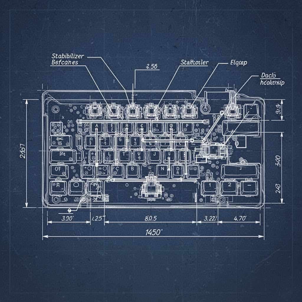 A diagram blueprint showing the internal technical layout of a mechanical keyboard, highlighting the PCB, stabilizer bars, switch housing, and the connection point between the switch stem and the keycap.