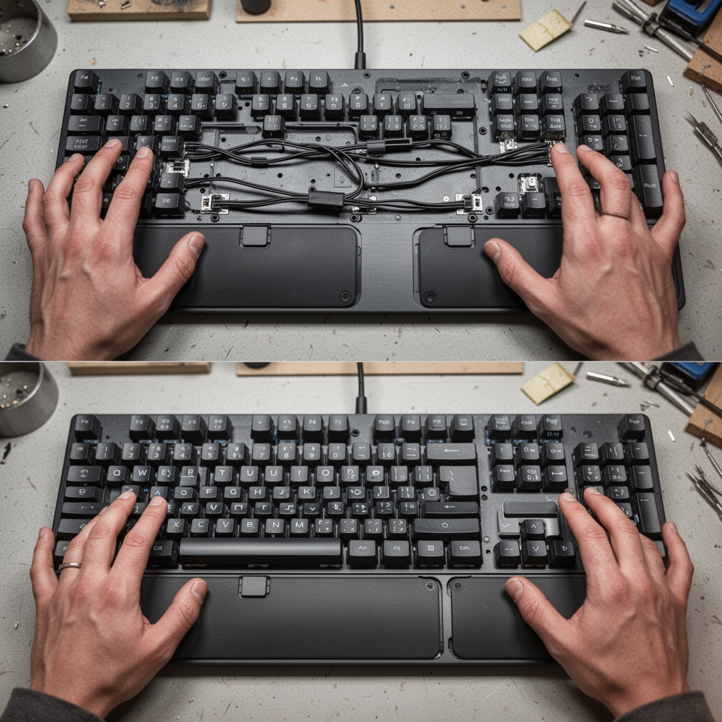 A top-down split screen image showing the underside of both keyboards, highlighting the cable routing channels and the magnetic wrist rest attachments for both models.