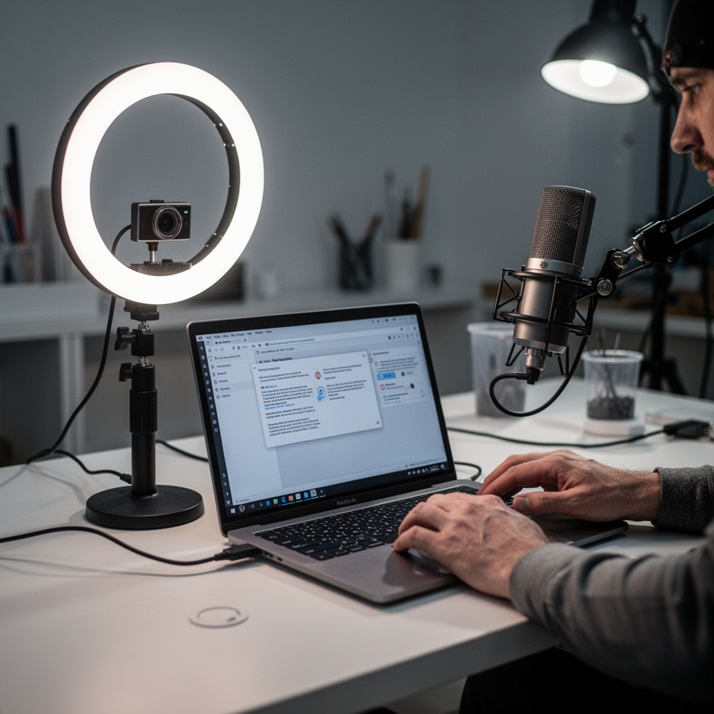 A wide-angle, ultra-realistic photograph of a clean, minimalist desk setup featuring a laptop connected to an external webcam, a ring light positioned slightly to the left, and a professional microphone, cinematic lighting, shallow depth of field.