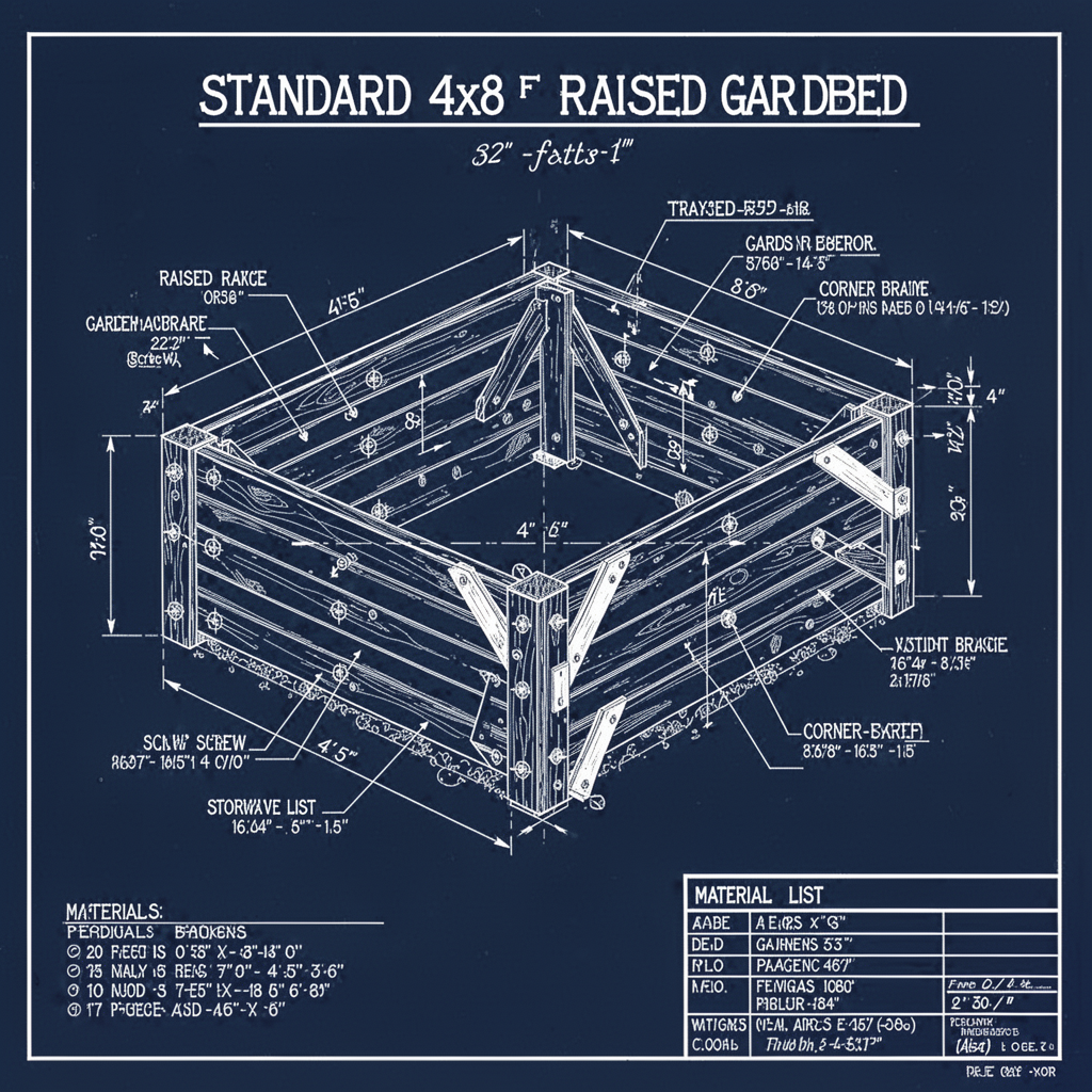 A detailed, technical architectural blueprint of a standard 4x8 foot raised garden bed, including dimensions, screw placement indicators, corner bracing details, and material list callouts, professional CAD drawing style.
