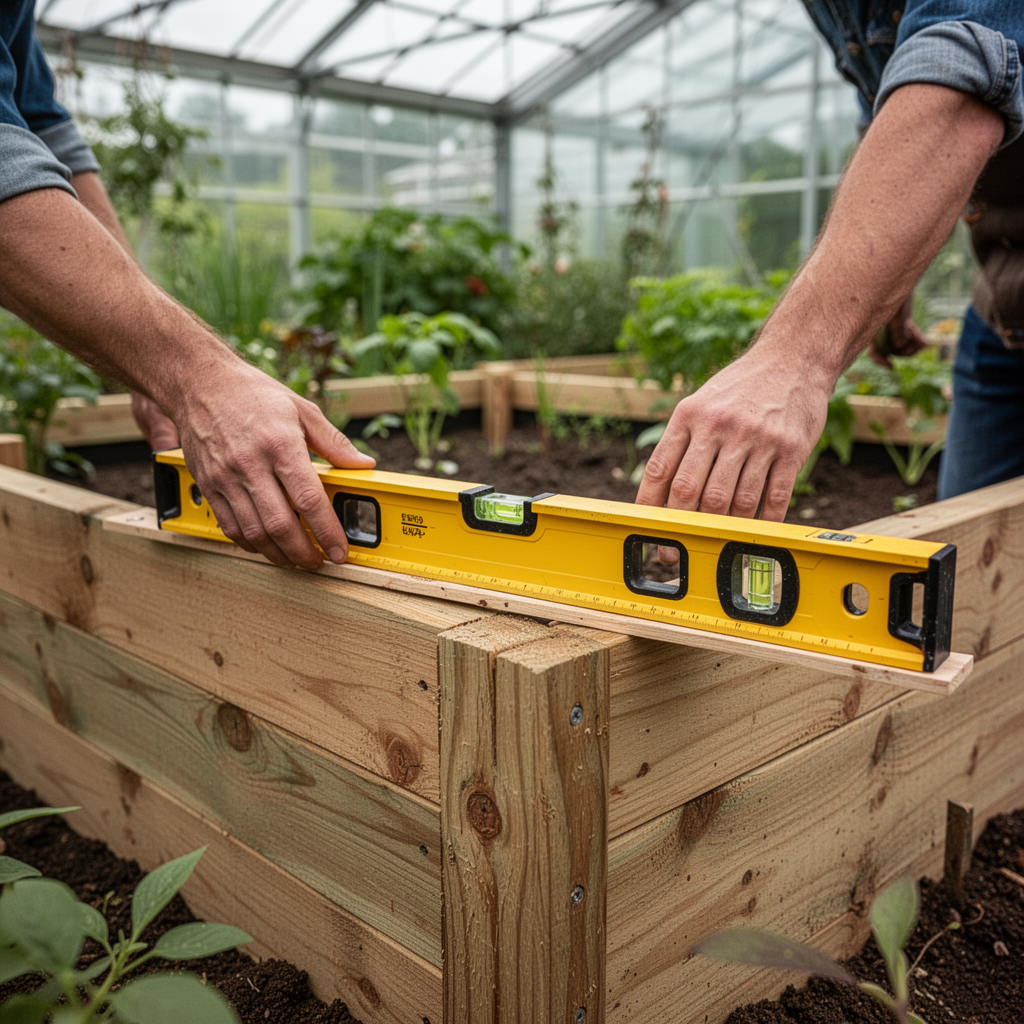 A gardener placing a bright yellow spirit level on top of a newly constructed wooden raised bed frame inside a greenhouse, blurred background of plants.